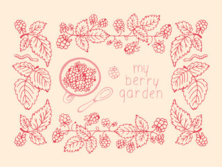 Hand drawn berry garden banner in raspberry red and pink on cream, branches border, cup of berries, spoon and lettering my berry garden, card with copy space © Katio