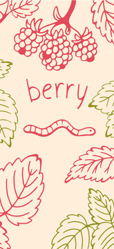 Vertical berry wallpaper with big raspberry doodles and cute worm in red and olive on cream, hand drawn phone background with lettering berry
