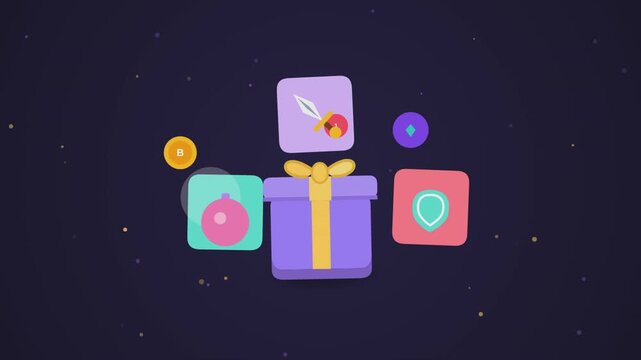 Digital game gift box animation featuring floating rewards and colorful icons in a motion video clip
