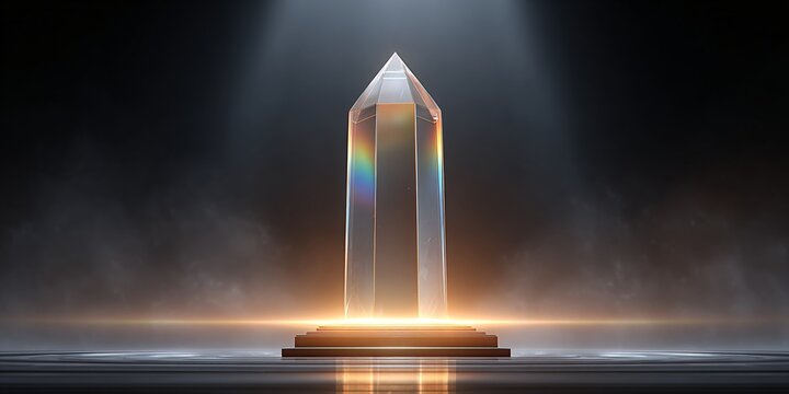 futuristic glass crystal monument glowing with vibrant light on dark background for innovative technology or achievement concept