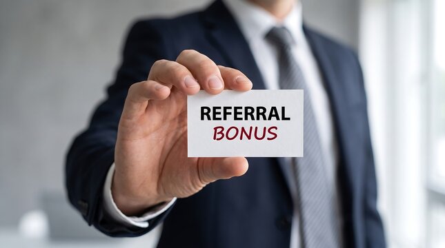 Businessman holding referral bonus card for marketing and business growth concept presentation banner for office use