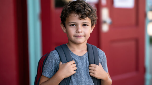 Young schoolboy with backpack ready for school