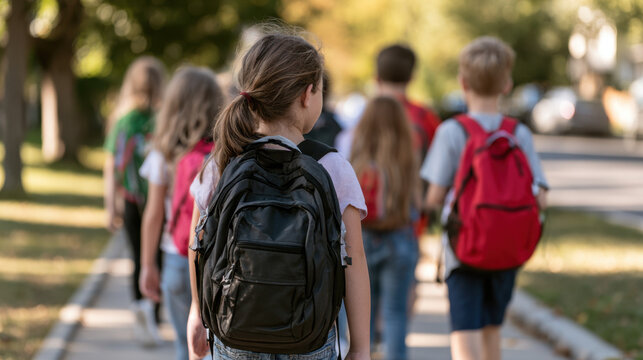 Schoolchildren walking to school with backpacks on neighborhood sidewalk