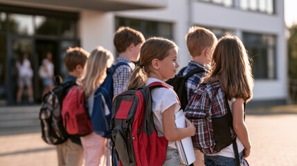 Obraz premium Group of schoolchildren with backpacks gathering outside school entrance