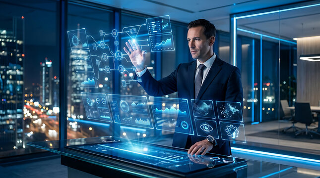 Businessman interacting with futuristic holographic display showing global data analytics during night in modern office