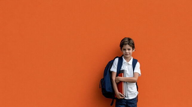 Schoolboy holding textbooks with backpack against vibrant orange background