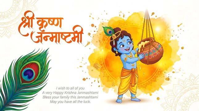 illustration of Lord Krishna playing bansuri (flute) in Happy Janmashtami festival background of India