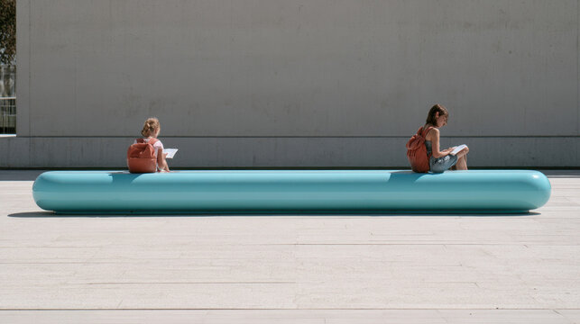Children reading on modern outdoor bench in minimalist urban public space