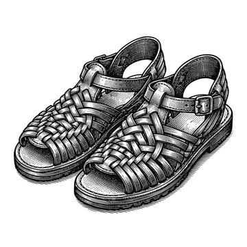 Isolated woven huarache sandals  detailed black and white line