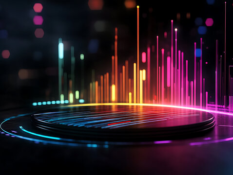 Vibrant neon light streaks ascend from a futuristic platform in darkness
