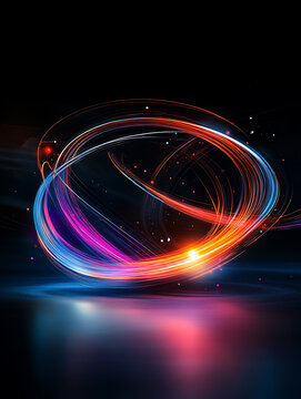 Abstract swirling light trails in vibrant neon colors on a dark background