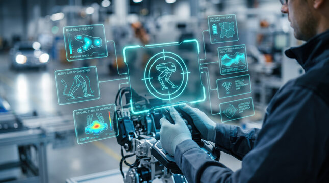 A robotics engineer using a haptic joystick and holographic HUD to fine-tune the balance and gait of a bipedal robot prototype in a high-tech industrial laboratory