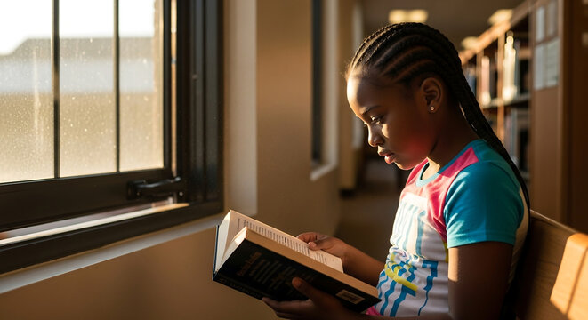 Young Black girl with braided hair reading a book by a sunlit window in a library.