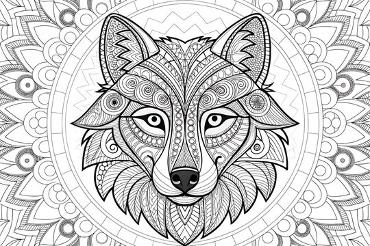 Detailed intricate wolf face illustration