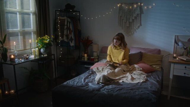 Young Caucasian woman reading book in bed when lights flicker and turn off, looking startled during power outage. Ideal for energy utility ads or emergency preparedness campaigns