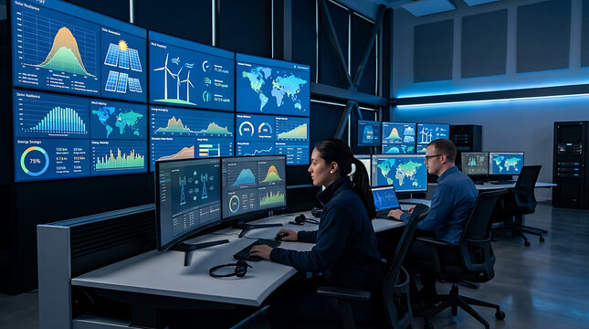 Engineers analyze global data on large screens in a modern control room with blue illuminated displays