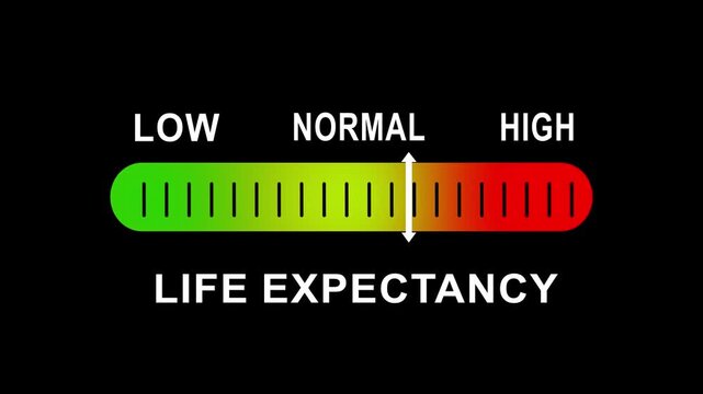 Life expectancy gauge indicator animation showing low to risk assessment scale for healthcare, insurance, and longevity data analysis