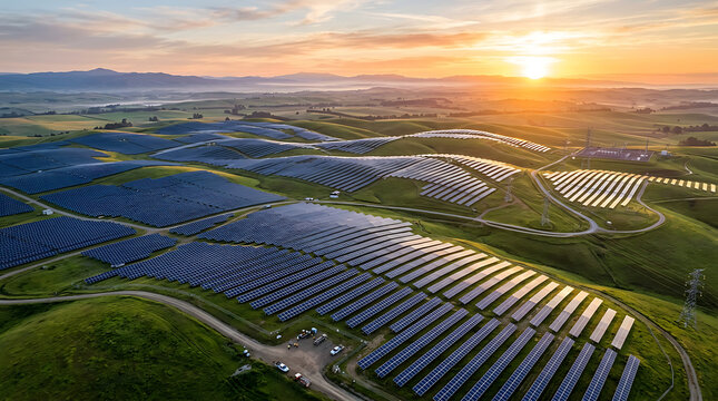 Expansive solar farm bathed in golden sunrise light across rolling green hills