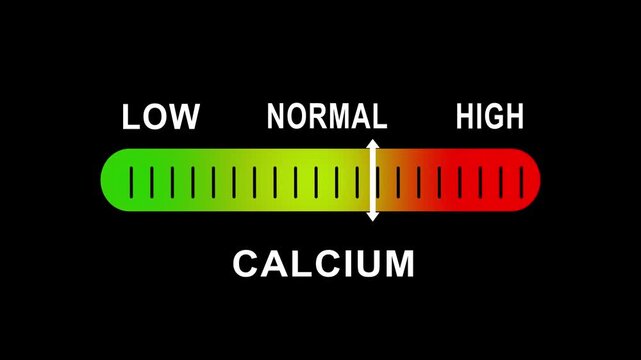 Calcium level indicator gauge animation: medical health diagnostic scale moving from low to status for nutrition, osteoporosis, and wellness analysis