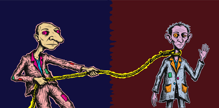 A surrealist grunge hand drawing clipart cut-out sticker art piece featuring an uncanny figure pulling another character on a rope, showcasing an imaginative psychological struggle