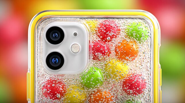 colorful sparkling jelly shell iphone case with dual camera lens on bright background