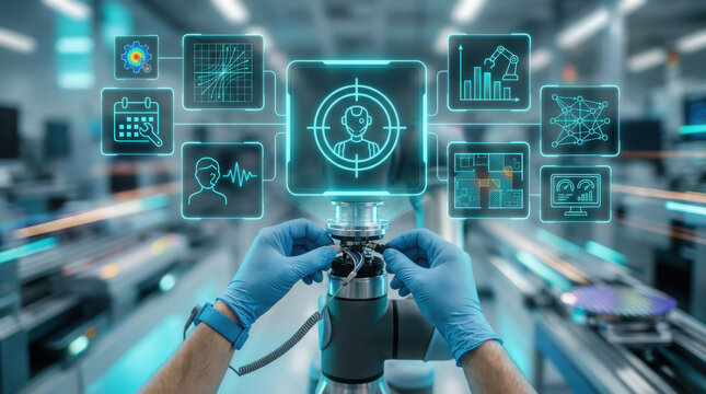 Close-up of a technician in blue gloves connecting a force sensor to a collaborative robot wrist with futuristic holographic data interfaces in a smart factory