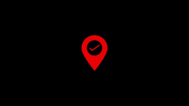Red map pin with checkmark animation for location success and navigation ui location marker