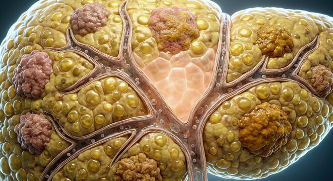 Detailed medical illustration of adipose tissue showing enlarged fat cells and inflammatory nodules. Concept for obesity, metabolism, and health research.