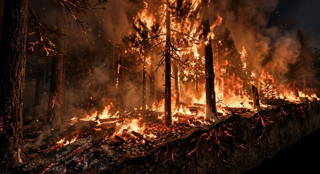 Intense wildfire spreads through a forest, engulfing trees in flames with thick smoke and glowing embers. Concept of climate change, disaster, and emergency response.