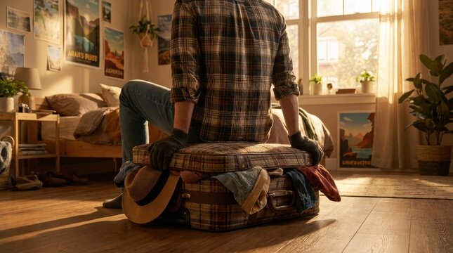 Person struggling to close an overpacked suitcase in a sunlit room, preparing for travel.