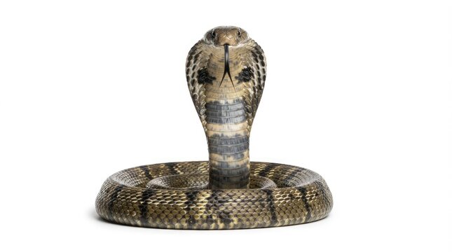 Indian Cobra Displaying Hood in Defensive Position Isolated on White