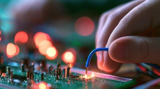 Hand connecting wire to glowing circuit board