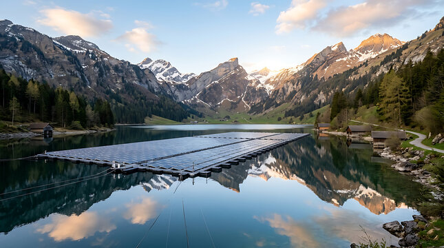 Floating solar panels on a serene alpine lake at sunrise reflecting mountain peaks and trees