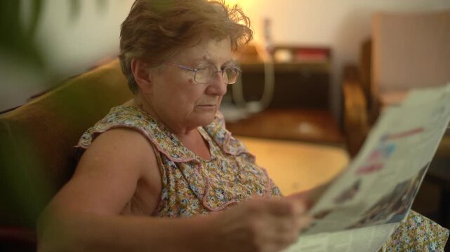 Side portrait of a senior woman reading a newspaper