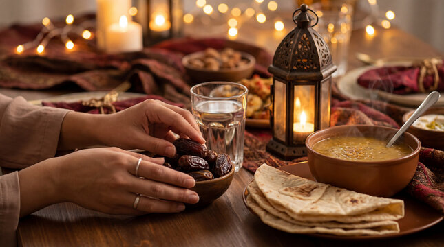 Hands holding dates beside lentil soup flatbread water lantern on warm festive table creating Ramadan iftar concept for fasting tradition hospitality family meal faith reflection marketing