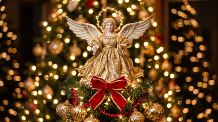 Fototapeta premium Golden angel topper with red bow on decorated christmas tree top