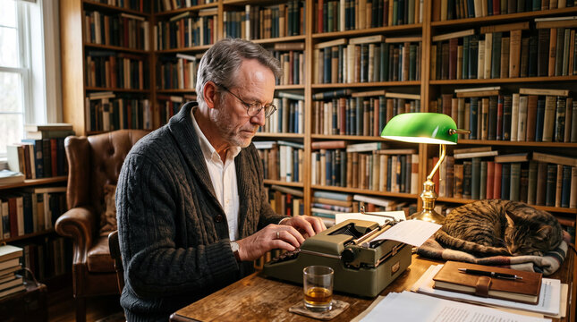 Elderly writer types on vintage typewriter in cozy home library with sleeping cat
