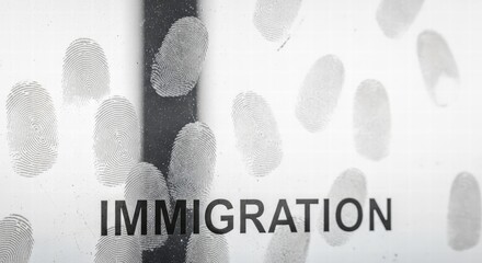 Obraz premium Abstract black and white image of fingerprints with the word 'IMMIGRATION', AI generated