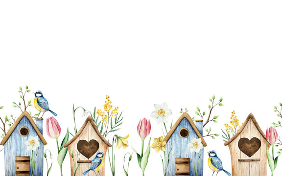 Wood cute birdhouse with daffodils flowers and muscari. Watercolor seamless border, banner, frame spring, easter hand drawn illustration isolated on background, transparent png. Botanical and wedding 