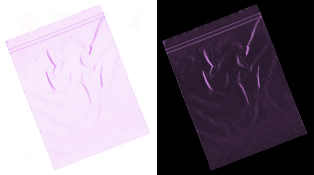 Transparent plastic zipper bag mockup, purple tinted poly bag texture, wrinkled polyethylene storage pouch on white and black backgrounds