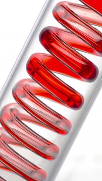 Colored Liquid Flowing Through Spiral Tube. Red, orange and yellow fluid travels through a transparent coil on a white background.