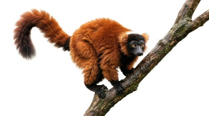 Naklejka premium Red Ruffed Lemur Climbing on Tree Branch Isolated on White Background