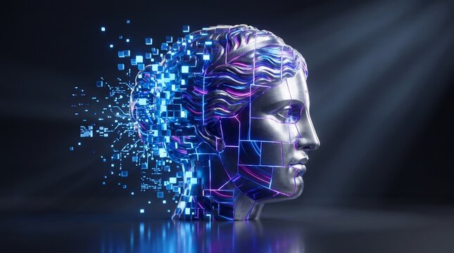 Realistic futuristic 3D conceptual artwork of a classical human head sculpture in profile, facing right, constructed from smooth digital textures and intricate geometric details. The left side 