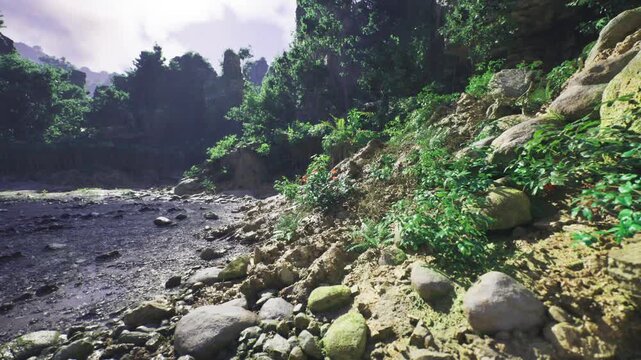 Stony floodplain strewn with rocks and scrub, shallow channels and textured gravel under shifting light. Scene conveys poststorm recovery and rugged resilience,