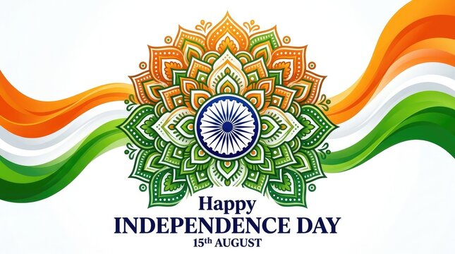 Decorative mandala design with tricolor waves celebrating indian independence day with artistic patterns and traditional cultural elements for national pride