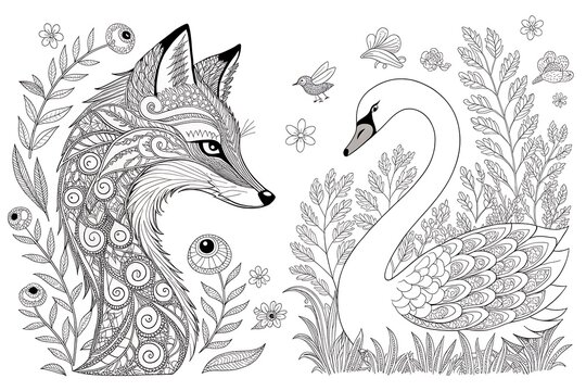 Intricate fox and swan detailed illustration