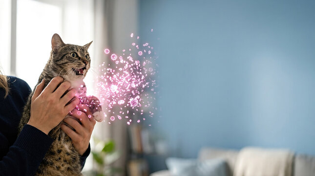 Woman holding cat with pink floating allergen particles. Pet allergy concept. Domestic animal dander and respiratory health risk visualization. Indoor home environment with veterinary issue.