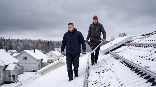 Two installers carrying a solar module across a snowy roof