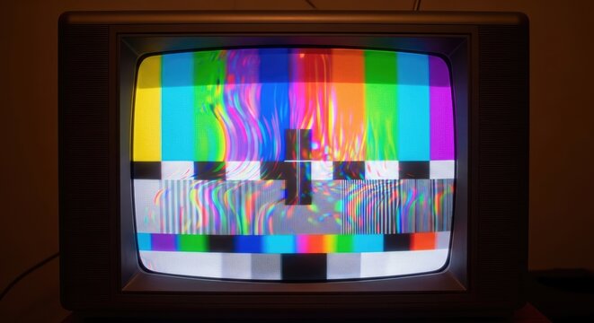Retro Television Displaying a Colorful Test Pattern.