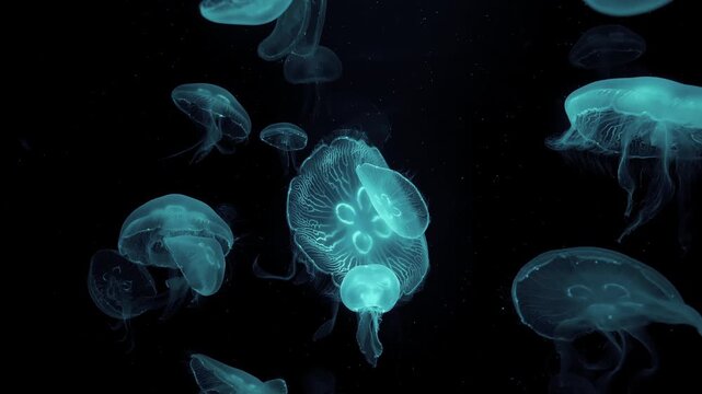 Beautiful moon jellyfish showcasing intricate internal structures against a dark backdrop.